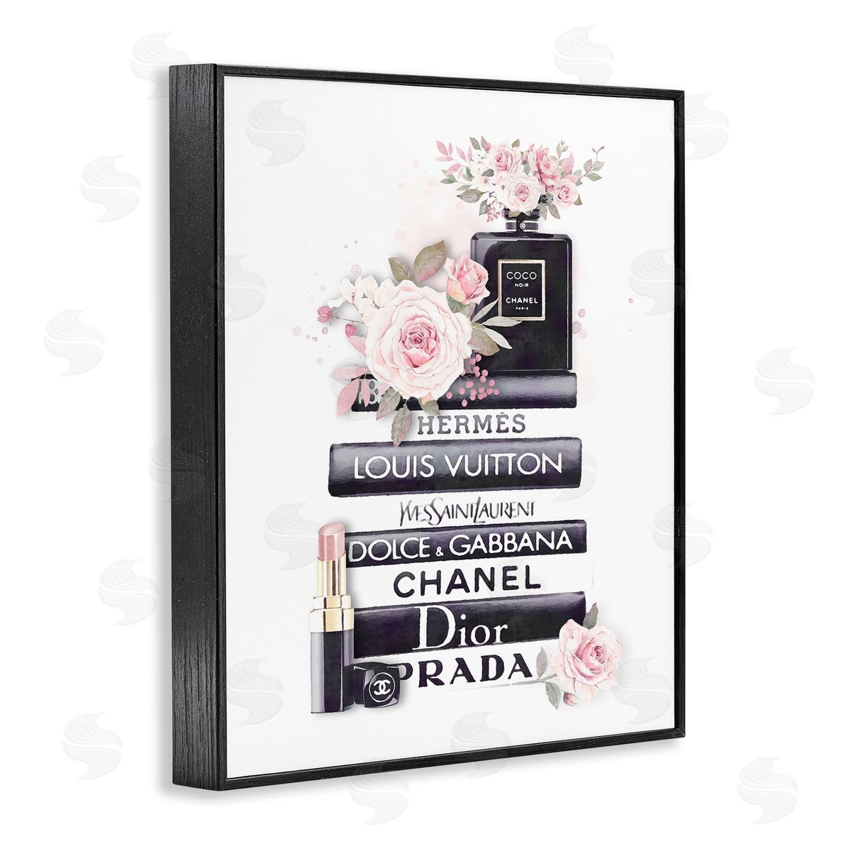Pink Roses Glam Bookstack Black Frame Print Wall Art, Home Decor by Ros Ruseva