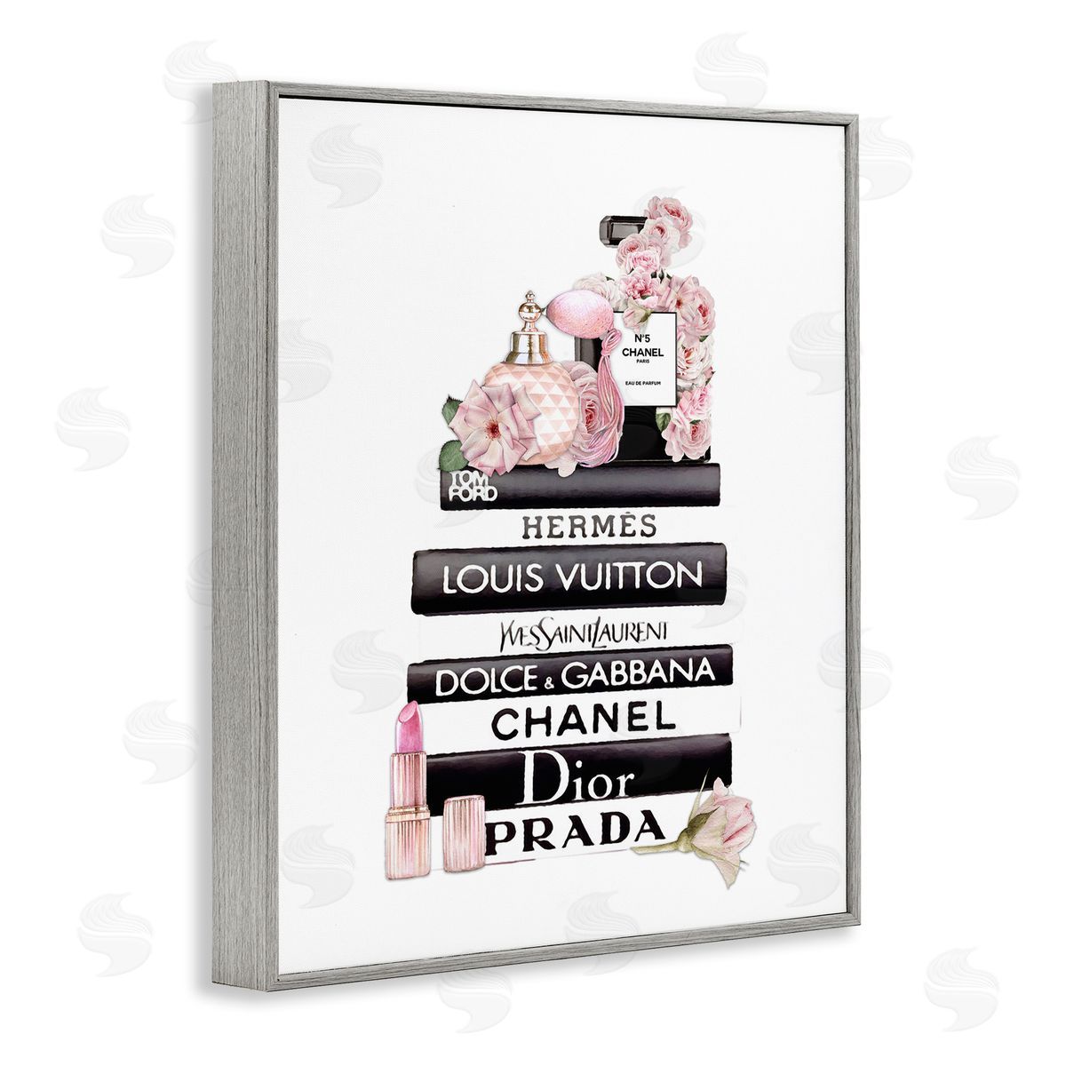 Chic Pink Cosmetic Fashion Books Grey Frame Print Wall Art, Home Decor by Ros Ruseva