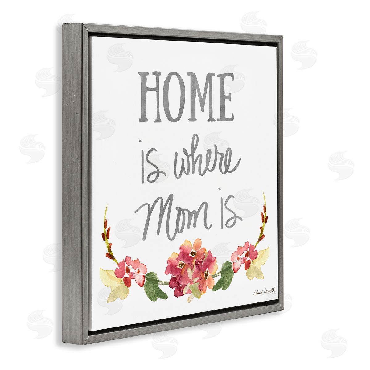 Lanie Loreth Home's Where Mom Is Pink Floral Family Sentiment Gray Floating Frame Canvas Wall Art Print