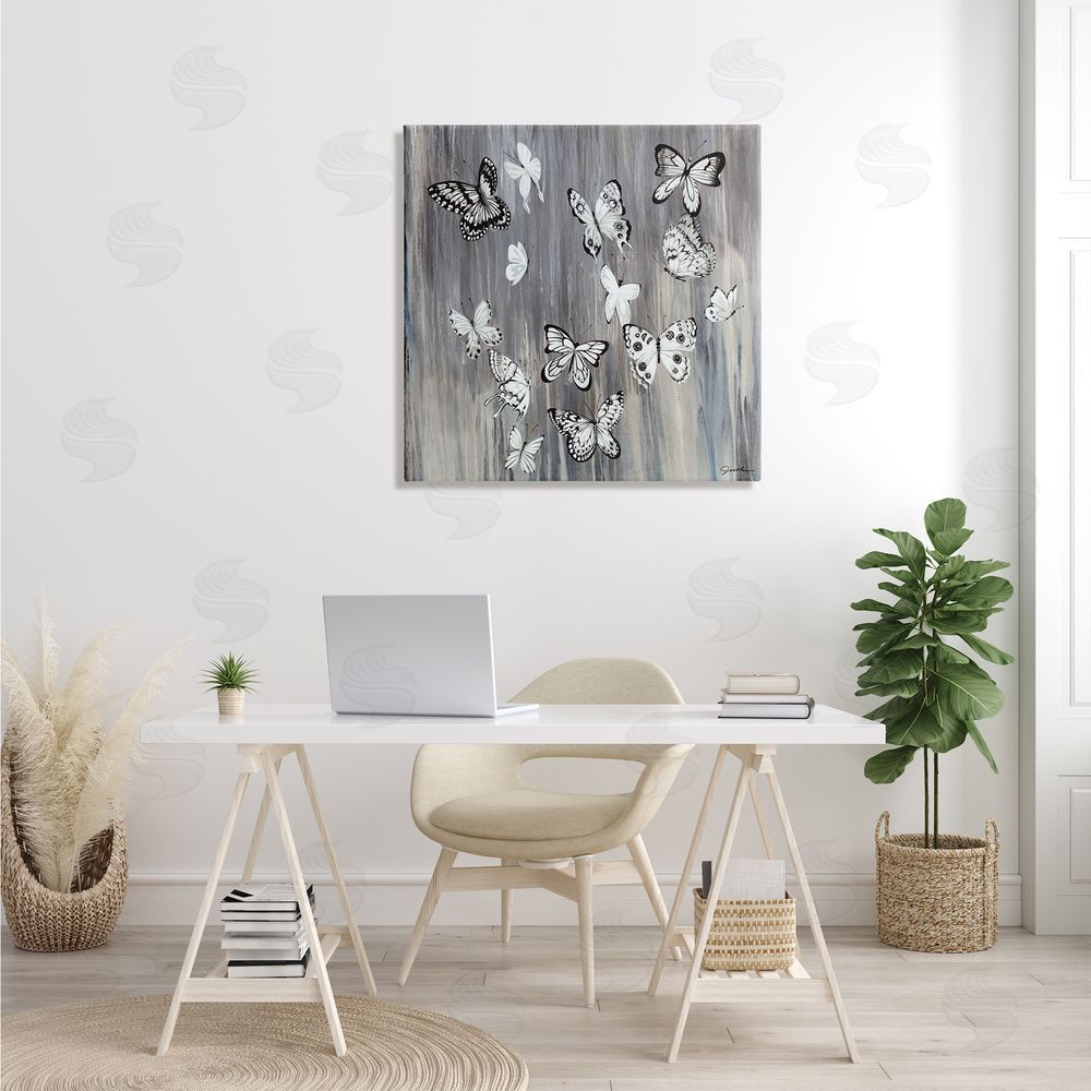 Liz Jardine Rustic Monochromatic Patterned Butterflies Flying Insects Canvas Wall Art in Room