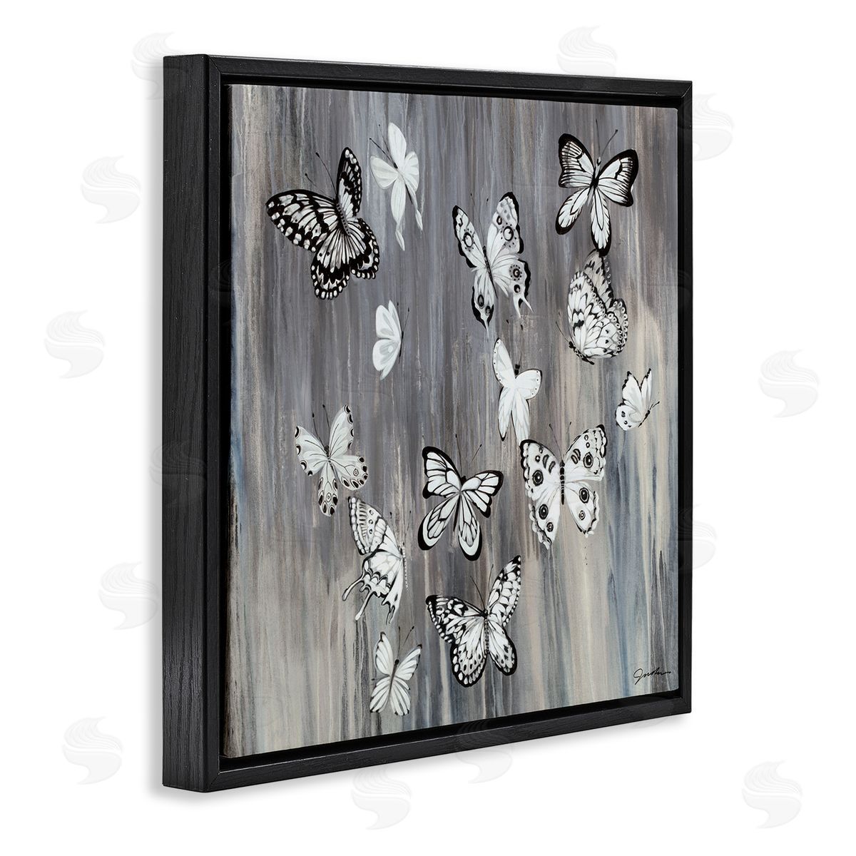 Liz Jardine Rustic Monochromatic Patterned Butterflies Flying Insects Black Floating Frame Canvas Wall Art Print