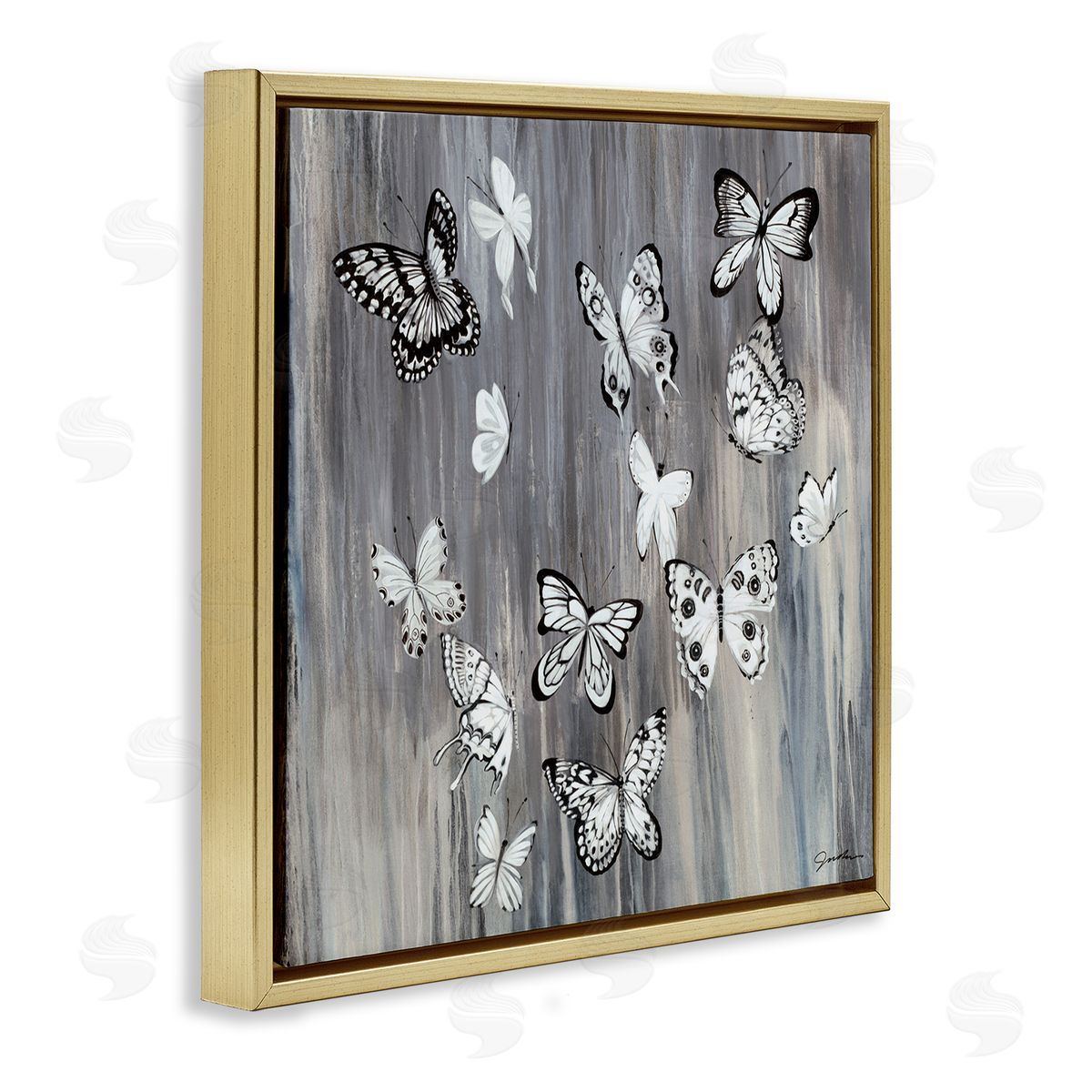 Liz Jardine Rustic Monochromatic Patterned Butterflies Flying Insects Gold Floating Frame Canvas Wall Art Print