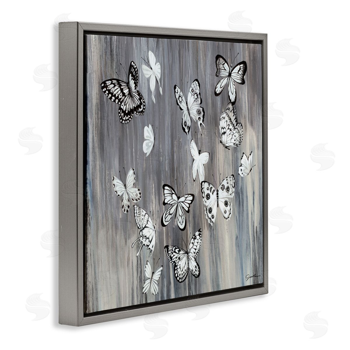 Liz Jardine Rustic Monochromatic Patterned Butterflies Flying Insects Gray Floating Frame Canvas Wall Art Print