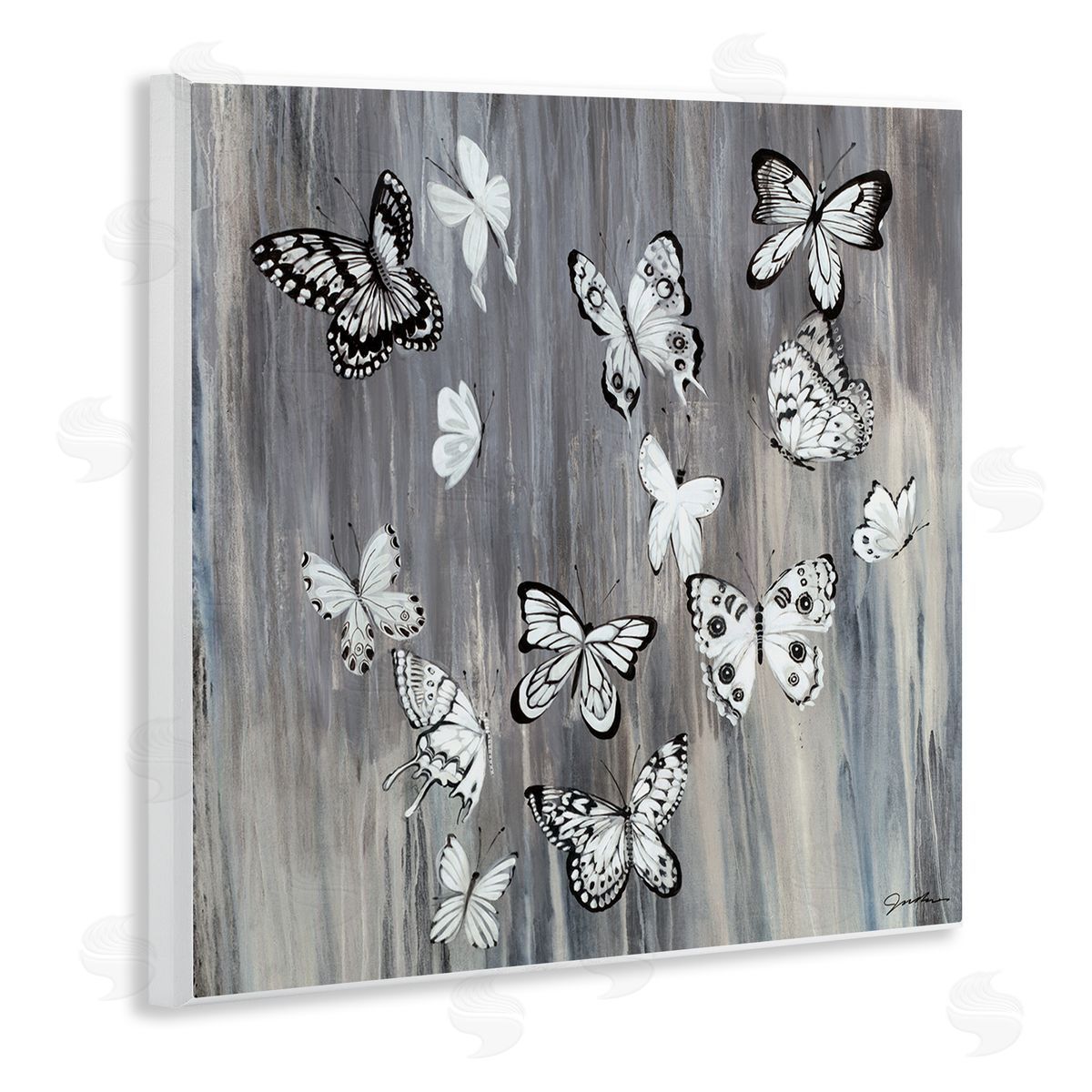 Liz Jardine Rustic Monochromatic Patterned Butterflies Flying Insects Wooden Wall Plaque Art Print