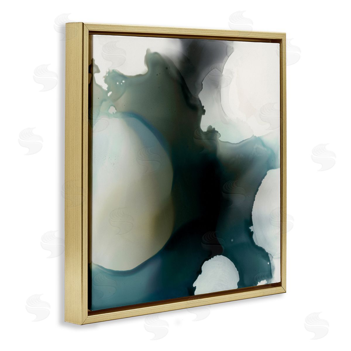 Kippi Leonard Ink Blot Abstraction Dark Grey Blue Distorted Shapes Gold Floating Frame Canvas Wall Art Print