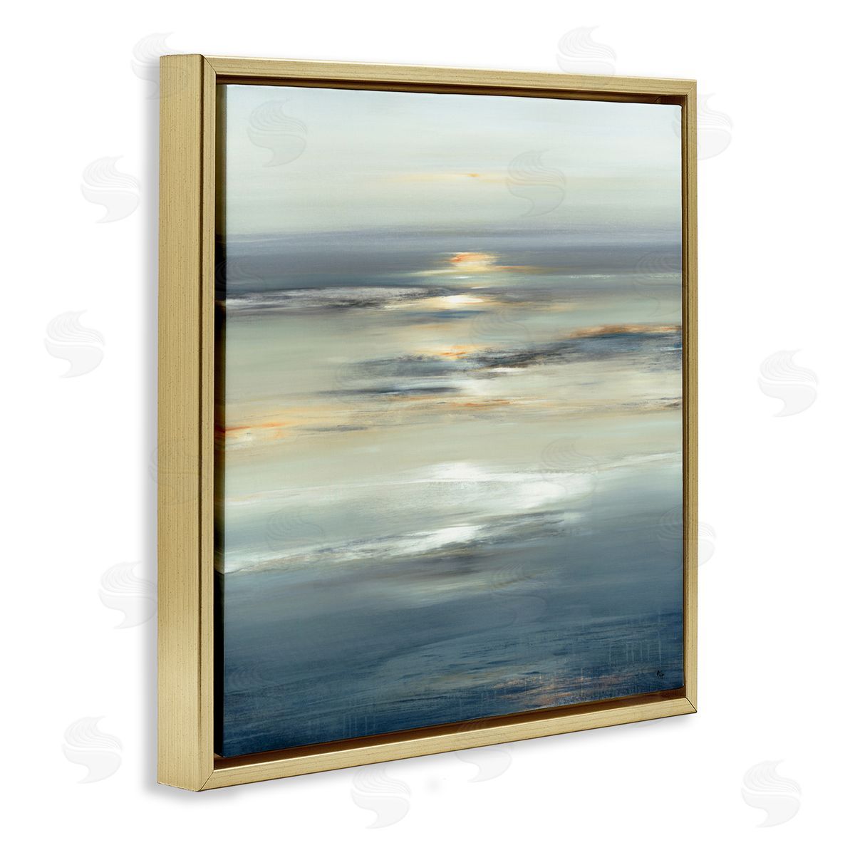 Abstract Tranquil Nautical Sunrise Gold Floating Frame Canvas Wall Art, Home Decor by Lisa Ridgers