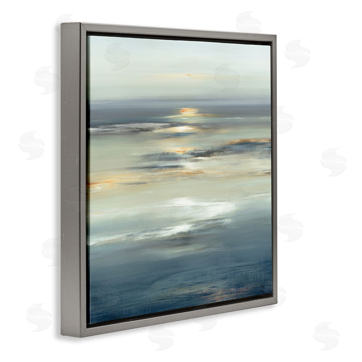 Abstract Tranquil Nautical Sunrise Grey Floating Frame Canvas Wall Art, Home Decor by Lisa Ridgers