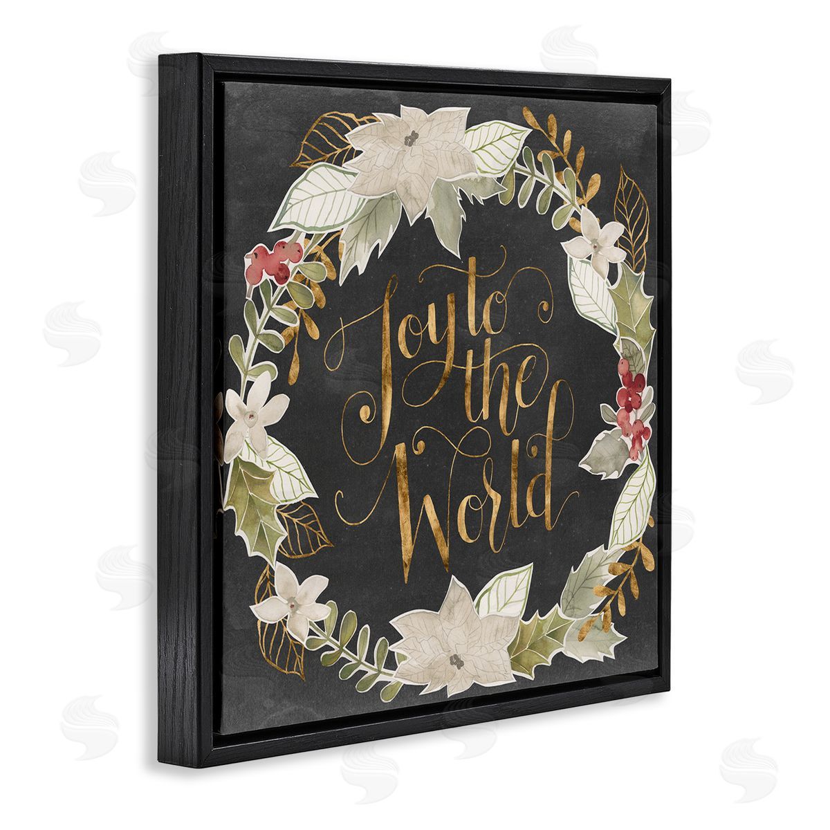 Grace Popp Joy to the World Chic Christmas Wreath Red Holly Black Floating Frame Canvas Wall Art Print