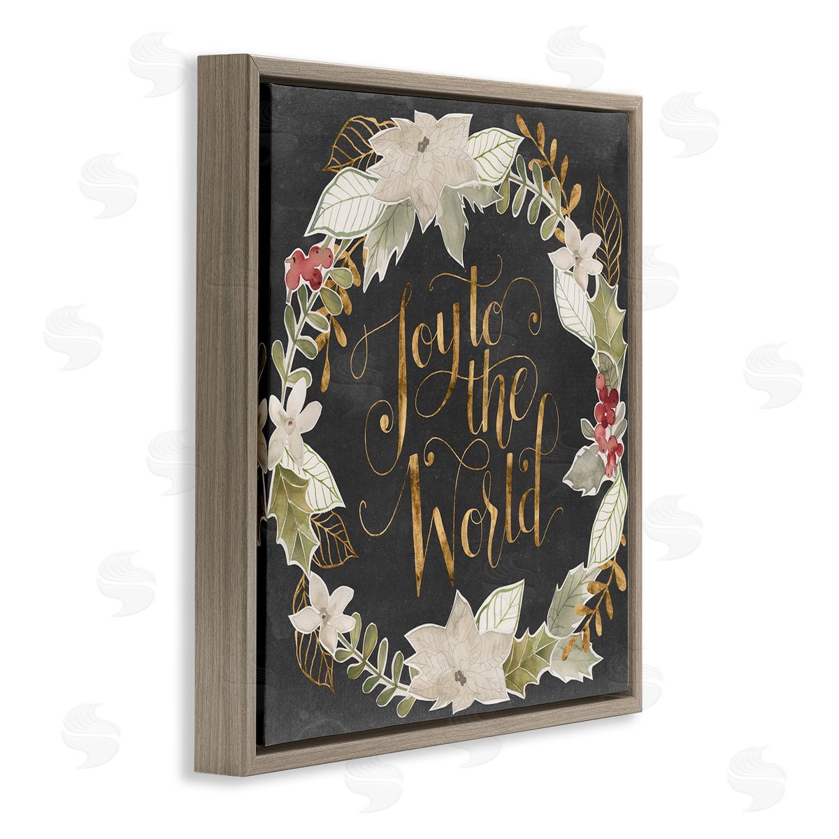 Grace Popp Joy to the World Chic Christmas Wreath Red Holly Brown Floating Frame Canvas Wall Art Print