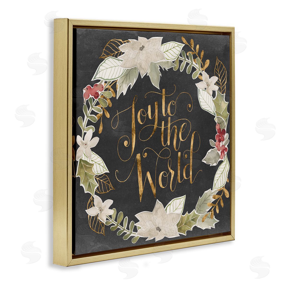 Grace Popp Joy to the World Chic Christmas Wreath Red Holly Gold Floating Frame Canvas Wall Art Print
