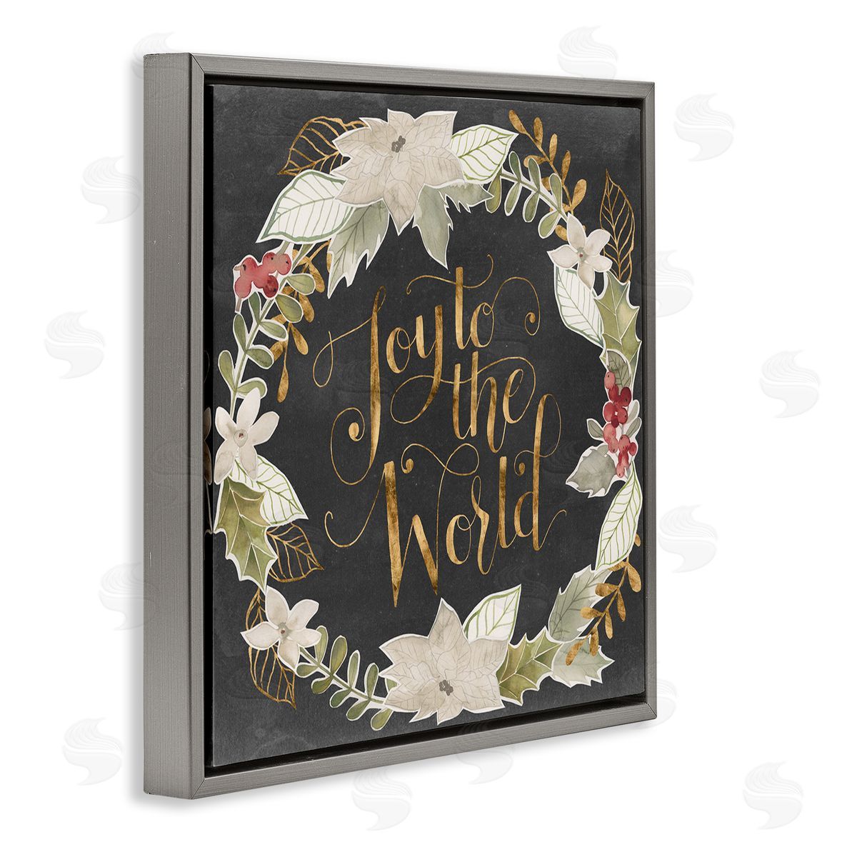 Grace Popp Joy to the World Chic Christmas Wreath Red Holly Gray Floating Frame Canvas Wall Art Print
