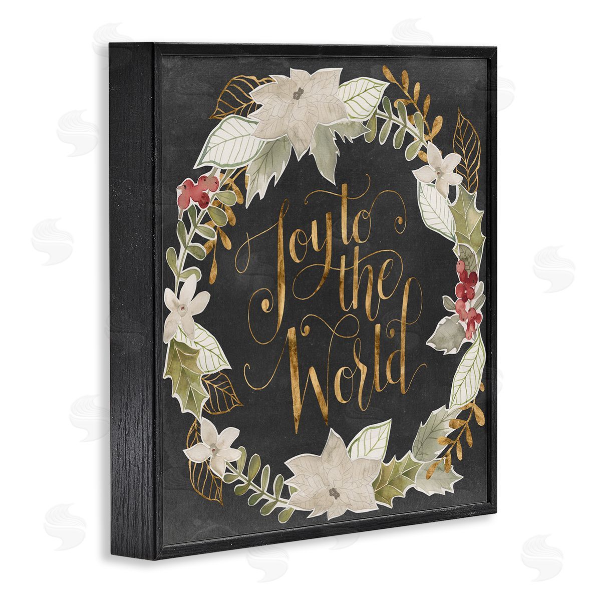 Grace Popp Joy to the World Chic Christmas Wreath Red Holly Black Framed Glicee Wall Art Print