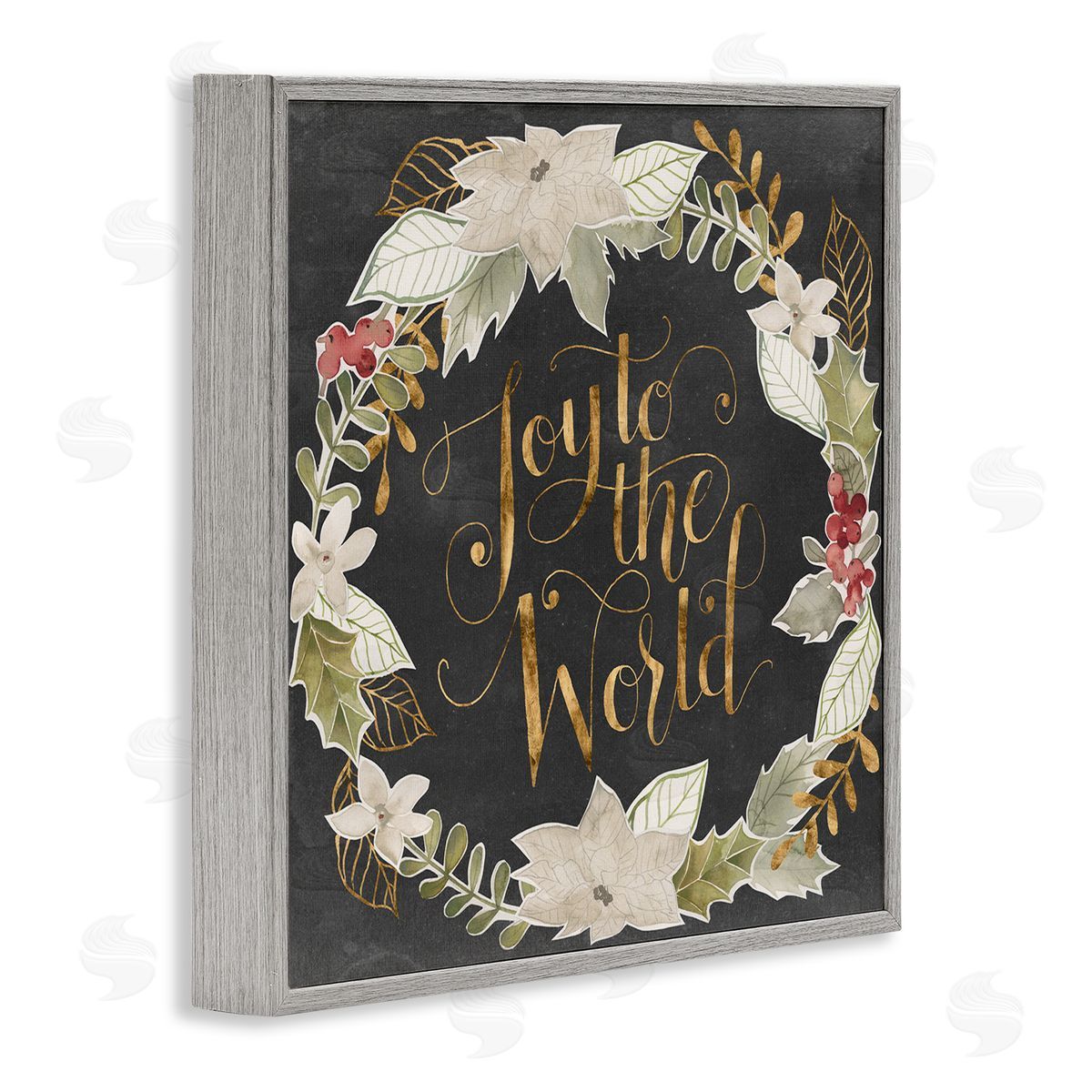 Grace Popp Joy to the World Chic Christmas Wreath Red Holly Gray Framed Glicee Wall Art Print