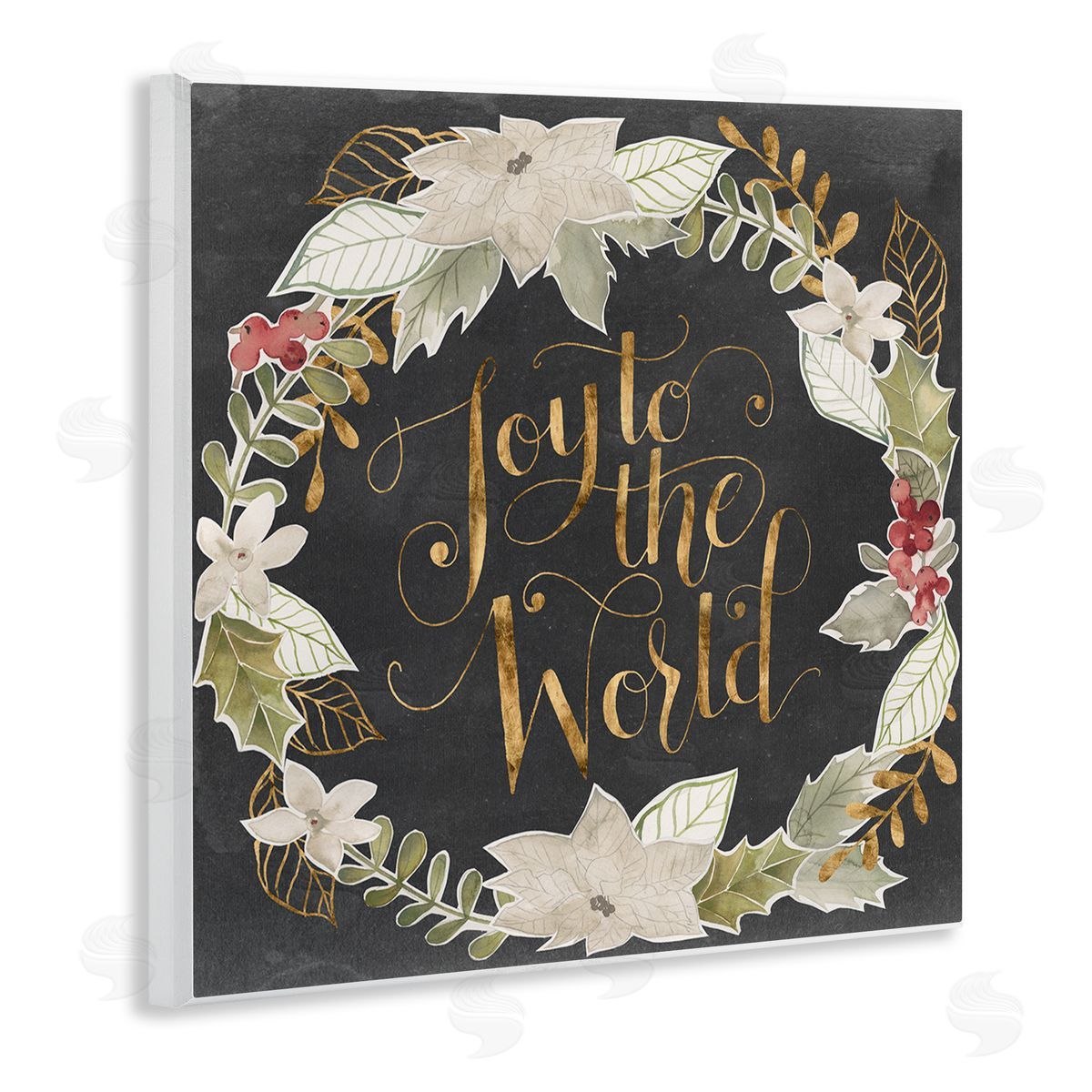 Grace Popp Joy to the World Chic Christmas Wreath Red Holly Wooden Wall Plaque Art Print