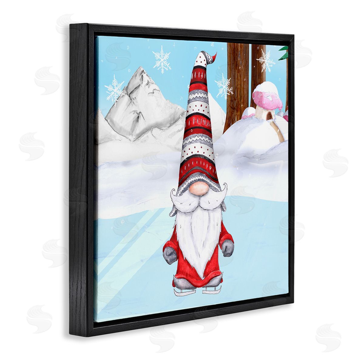 Hugo Edwins Ice Skating Winter Gnome Red White Garden Elf Black Floating Frame Canvas Wall Art Print