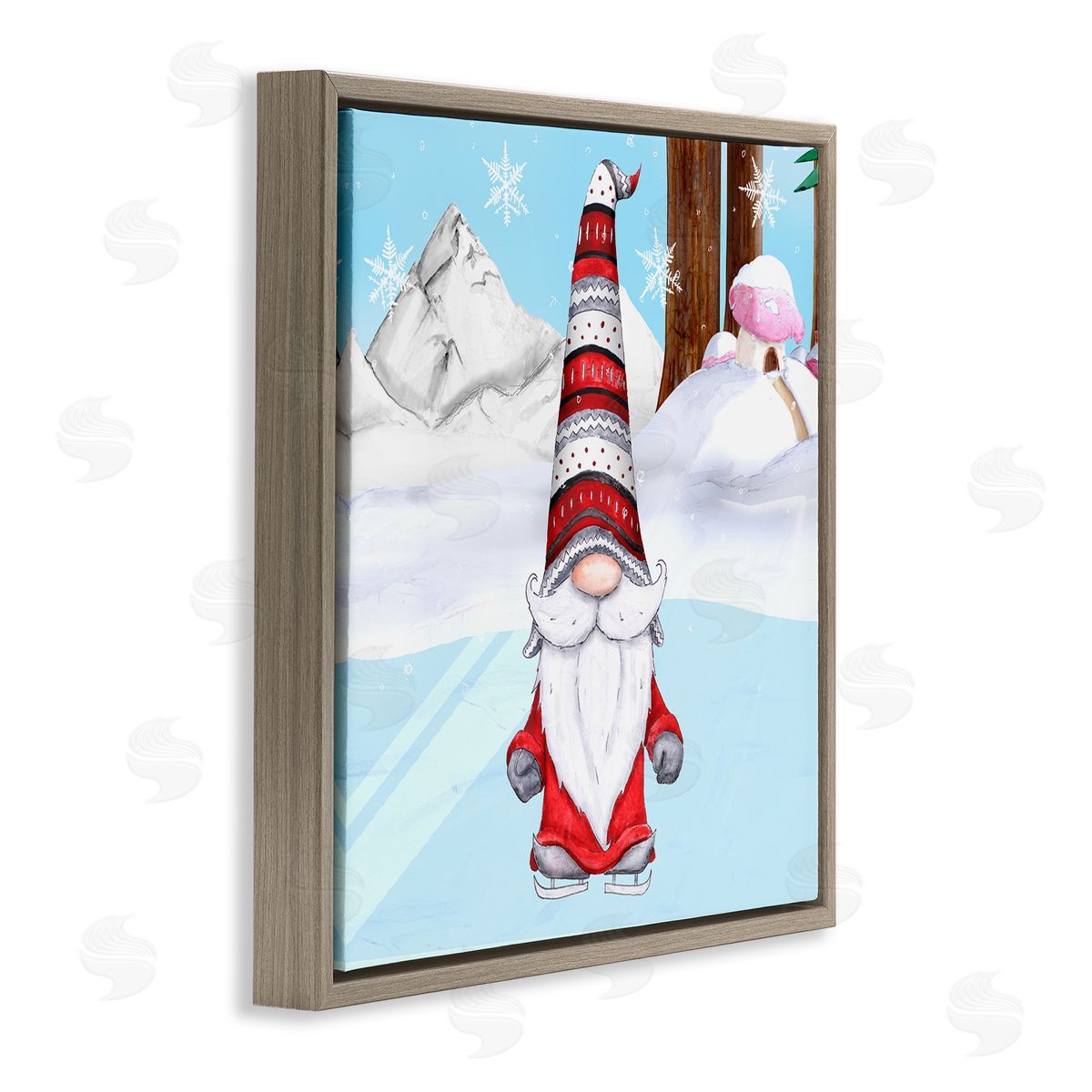 Hugo Edwins Ice Skating Winter Gnome Red White Garden Elf Brown Floating Frame Canvas Wall Art Print