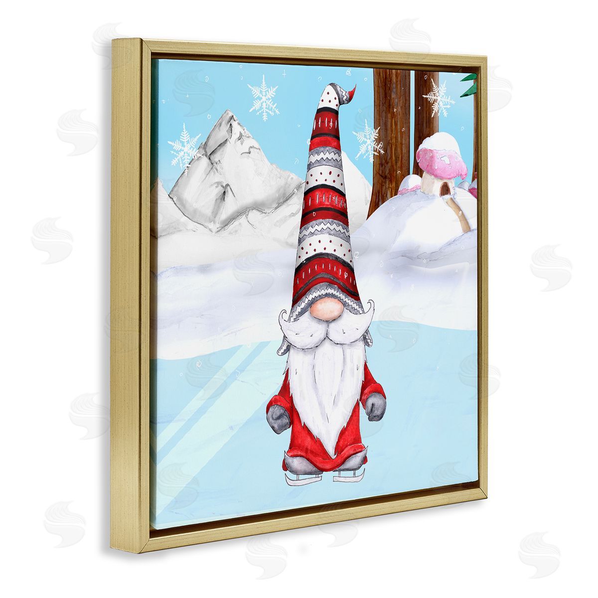 Hugo Edwins Ice Skating Winter Gnome Red White Garden Elf Gold Floating Frame Canvas Wall Art Print