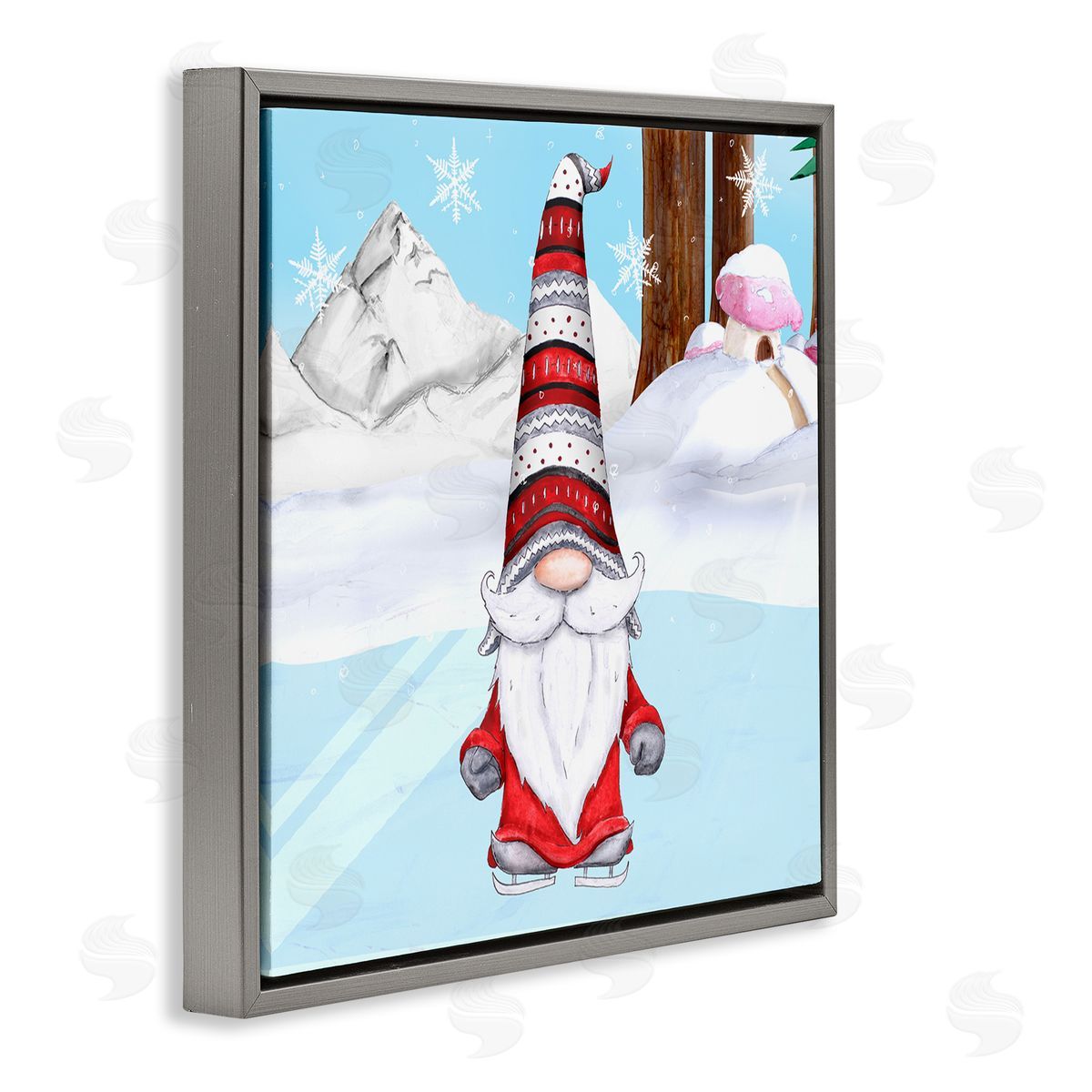 Hugo Edwins Ice Skating Winter Gnome Red White Garden Elf Gray Floating Frame Canvas Wall Art Print