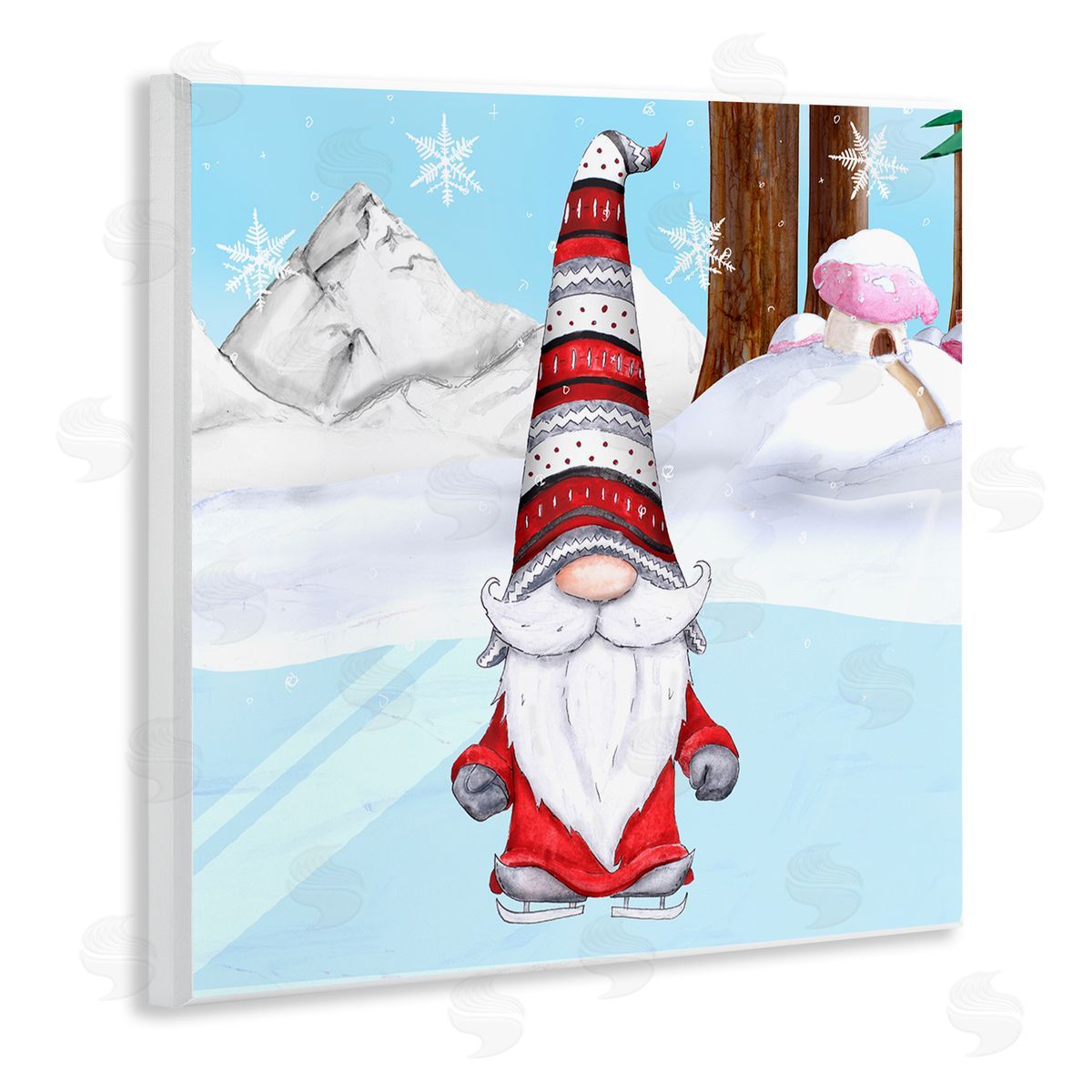 Hugo Edwins Ice Skating Winter Gnome Red White Garden Elf Wooden Wall Plaque Art Print