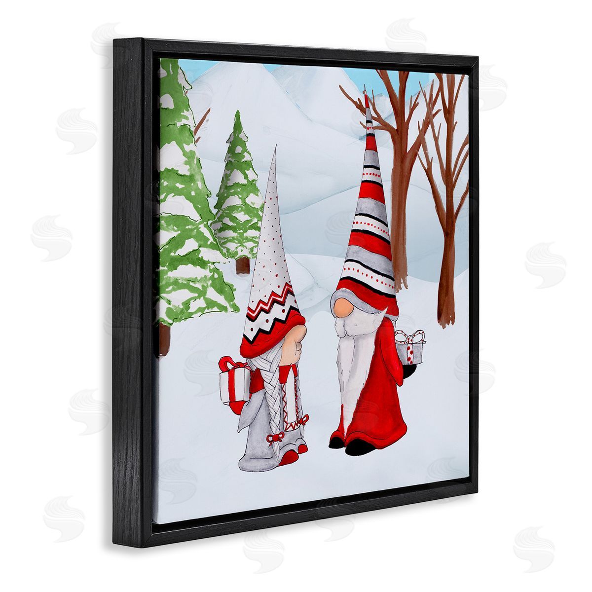 Hugo Edwins Festive Winter Gnome Couple Holiday Presents Garden Elf Black Floating Frame Canvas Wall Art Print