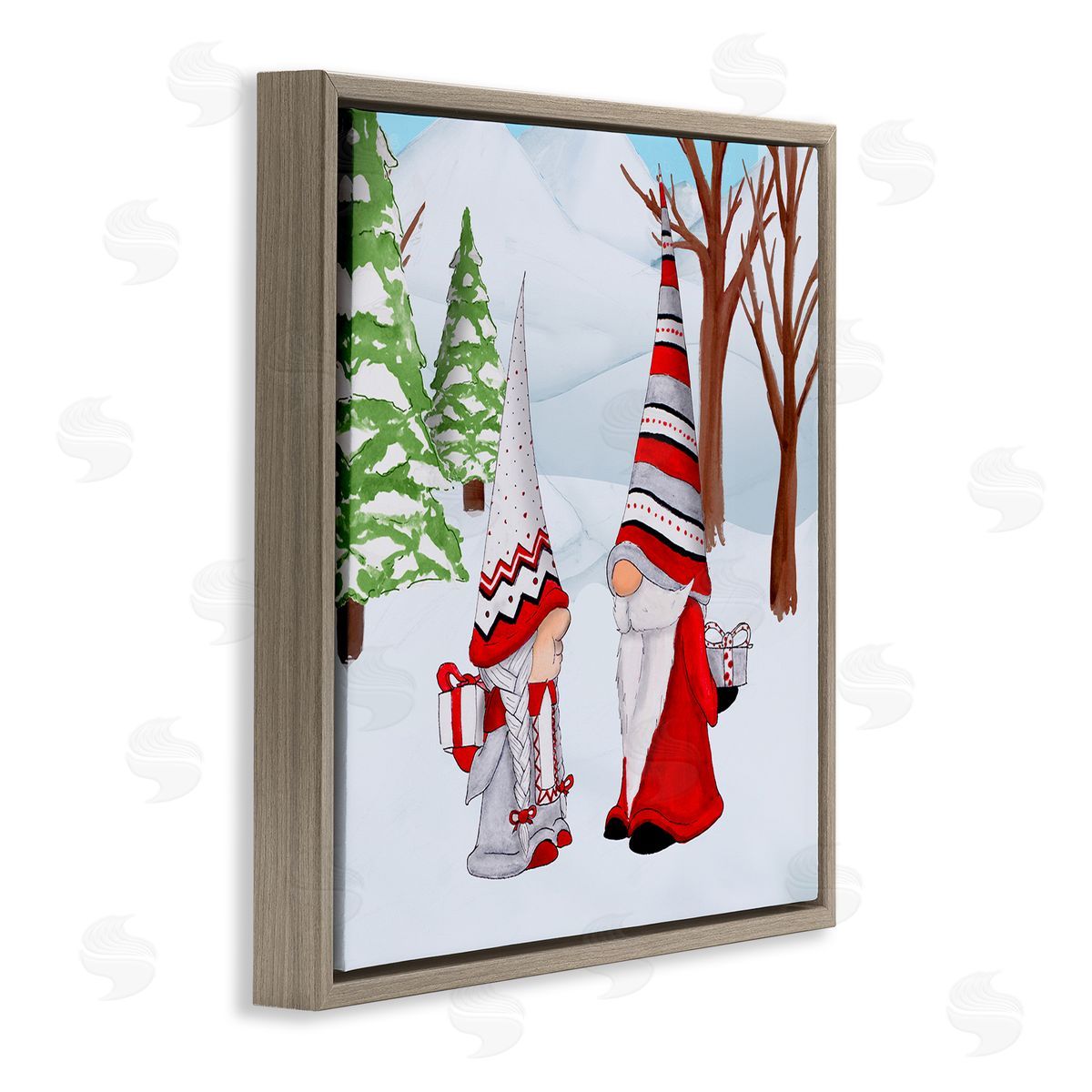 Hugo Edwins Festive Winter Gnome Couple Holiday Presents Garden Elf Brown Floating Frame Canvas Wall Art Print