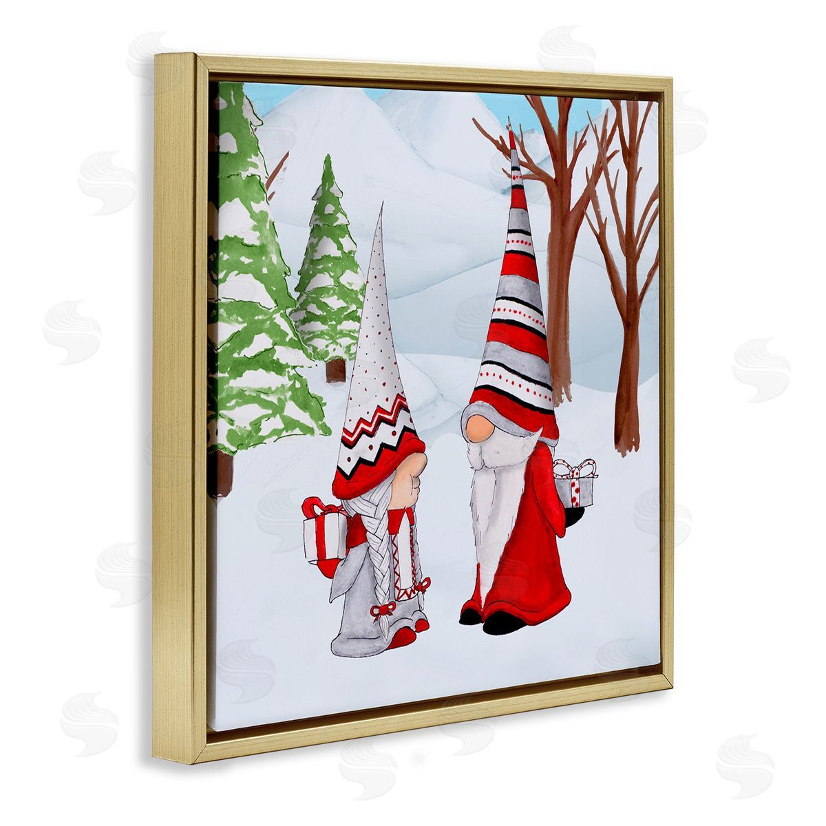 Hugo Edwins Festive Winter Gnome Couple Holiday Presents Garden Elf Gold Floating Frame Canvas Wall Art Print