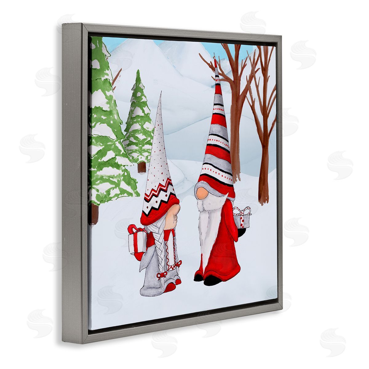 Hugo Edwins Festive Winter Gnome Couple Holiday Presents Garden Elf Gray Floating Frame Canvas Wall Art Print