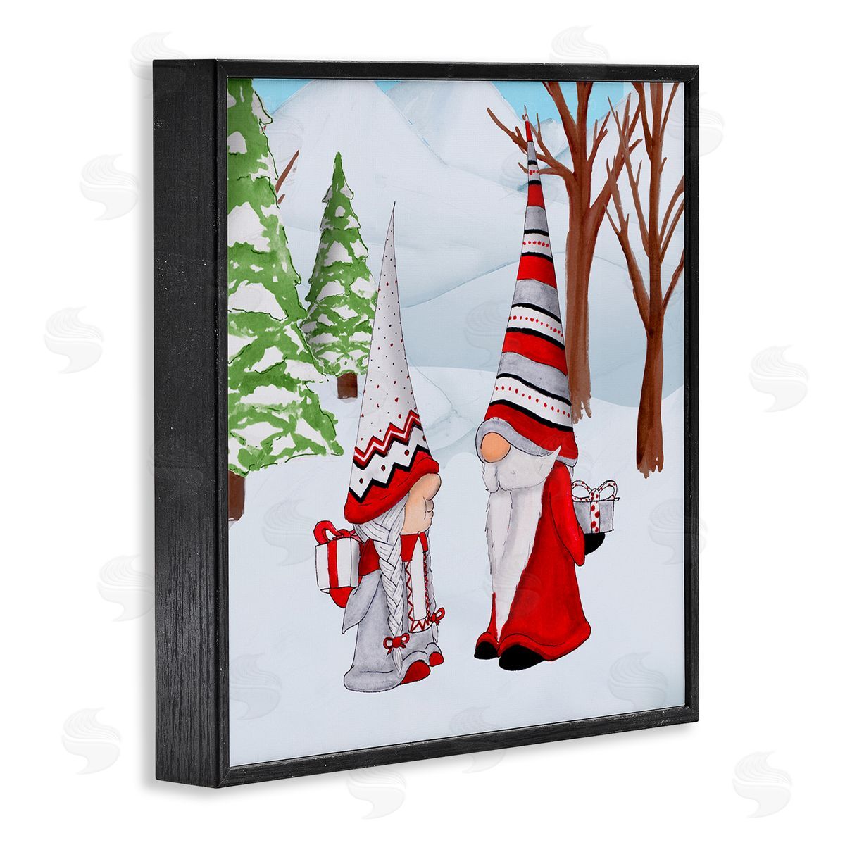 Hugo Edwins Festive Winter Gnome Couple Holiday Presents Garden Elf Black Framed Glicee Wall Art Print