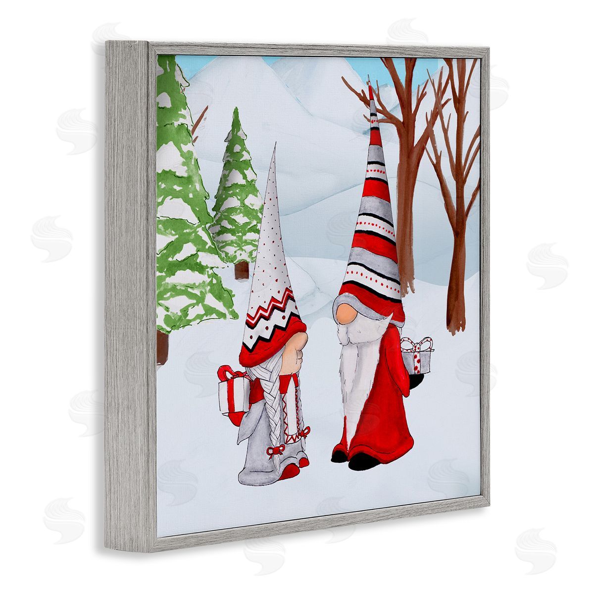 Hugo Edwins Festive Winter Gnome Couple Holiday Presents Garden Elf Gray Framed Glicee Wall Art Print
