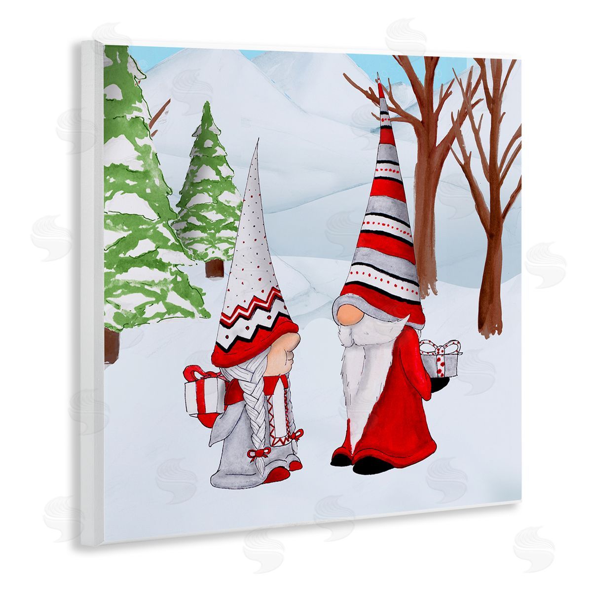 Hugo Edwins Festive Winter Gnome Couple Holiday Presents Garden Elf Wooden Wall Plaque Art Print