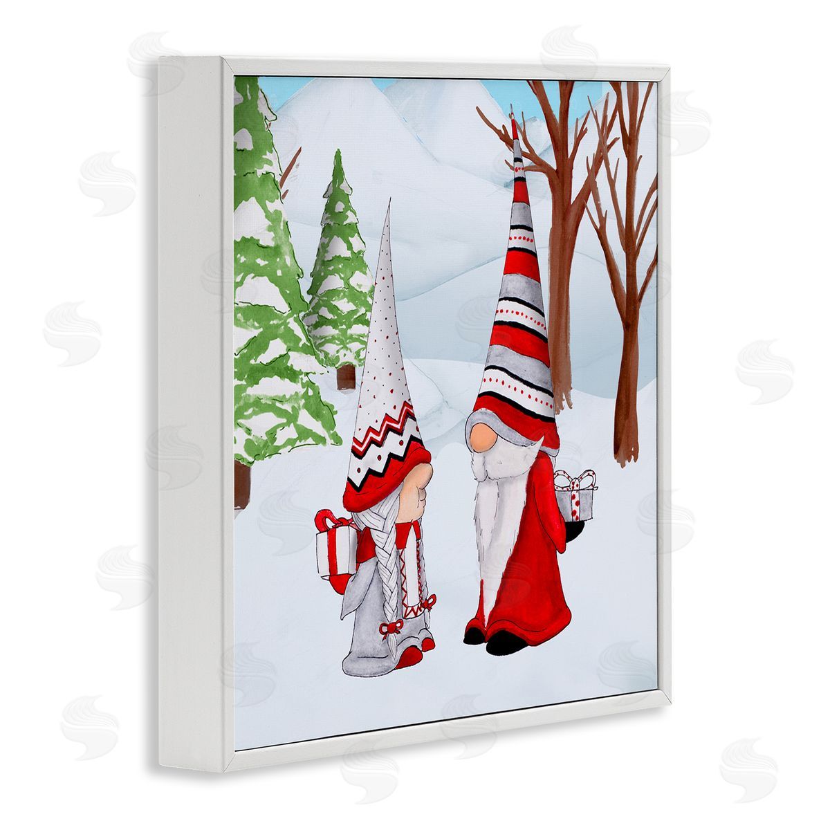 Hugo Edwins Festive Winter Gnome Couple Holiday Presents Garden Elf White Framed Glicee Wall Art Print