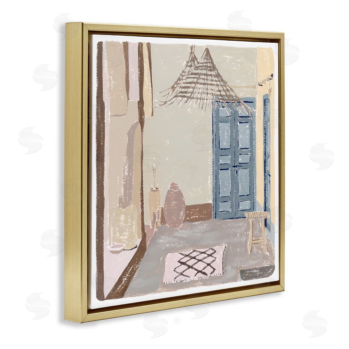 Melissa Wang European Lounge Interior Soft Coastal City Room Gold Floating Frame Canvas Wall Art Print