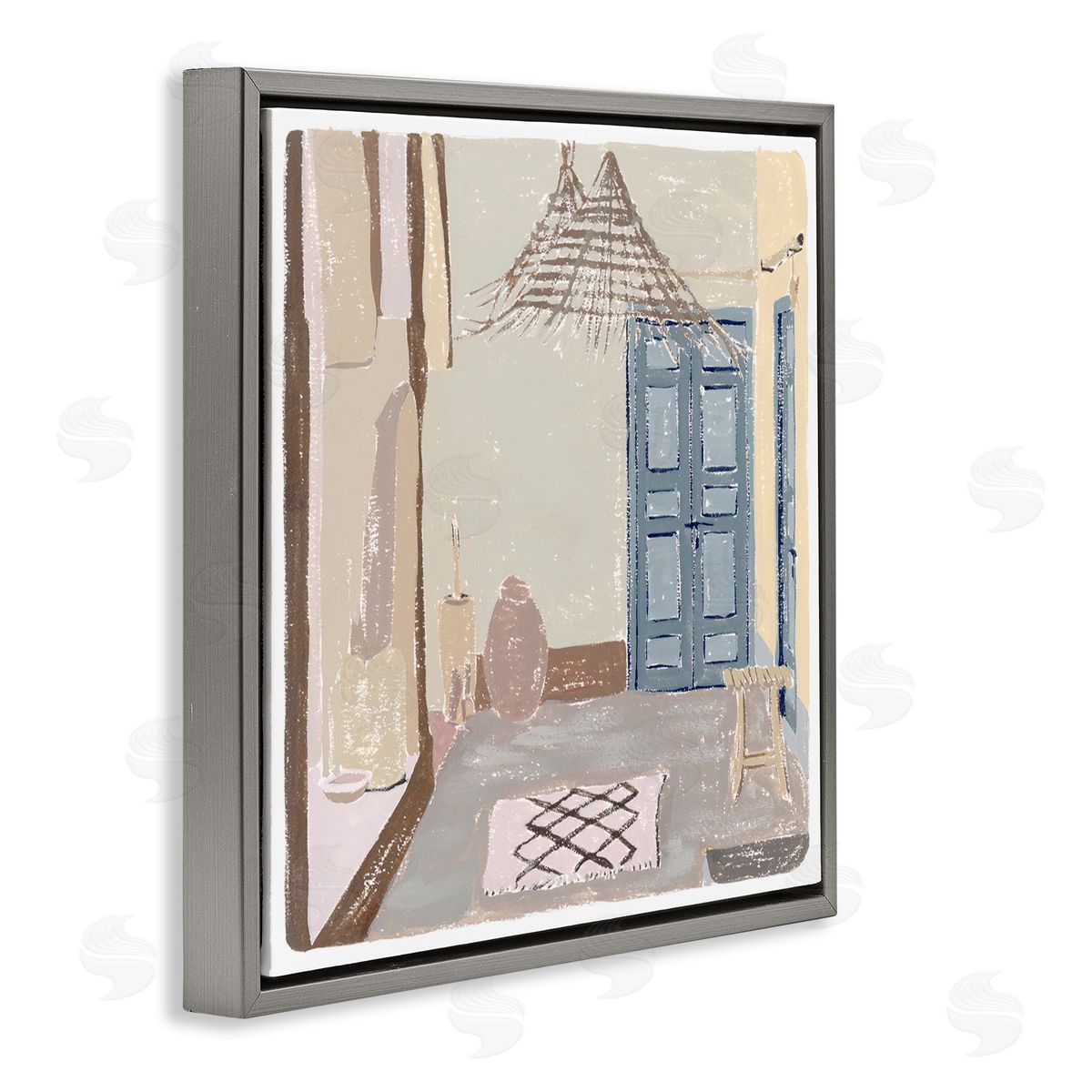 Melissa Wang European Lounge Interior Soft Coastal City Room Gray Floating Frame Canvas Wall Art Print