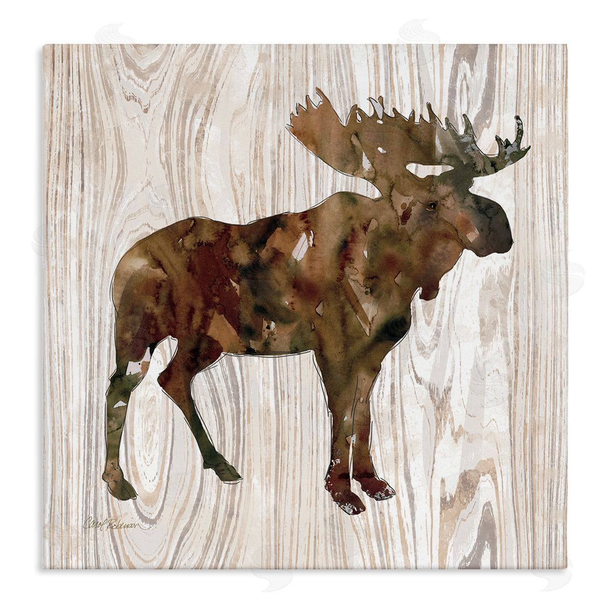 Carol Robinson Brown Watercolor Moose Silhouette Rustic Grain Pattern Stretched Canvas Wall Art Print