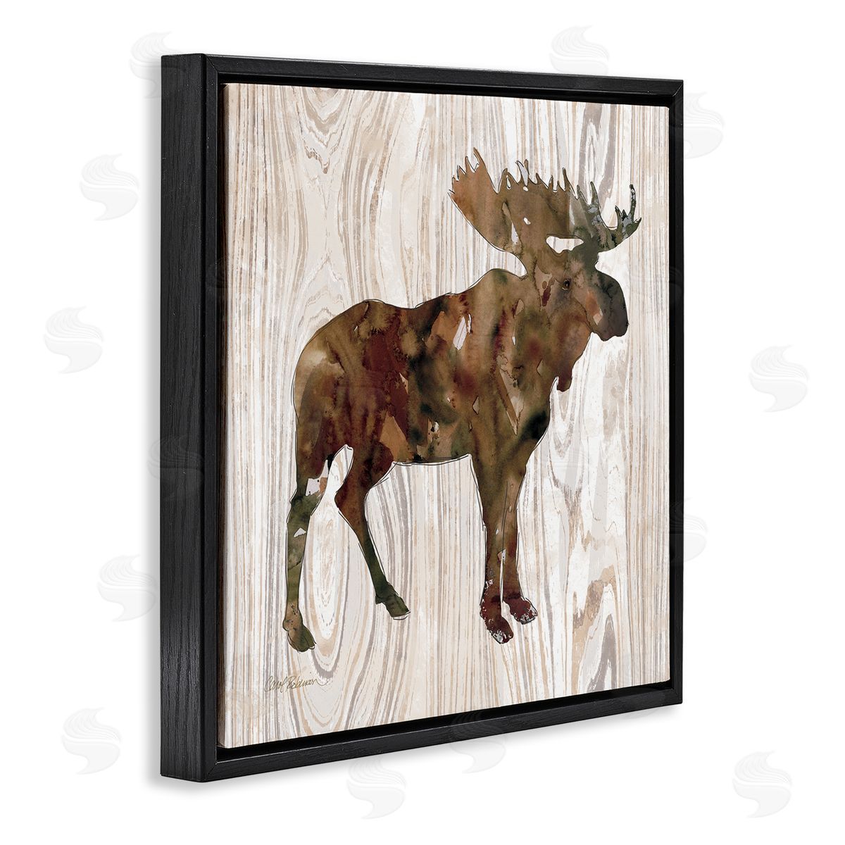 Carol Robinson Brown Watercolor Moose Silhouette Rustic Grain Pattern Black Floating Frame Canvas Wall Art Print