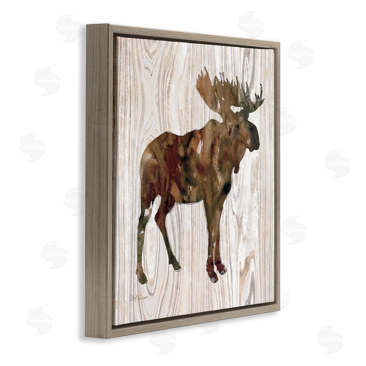 Carol Robinson Brown Watercolor Moose Silhouette Rustic Grain Pattern Brown Floating Frame Canvas Wall Art Print