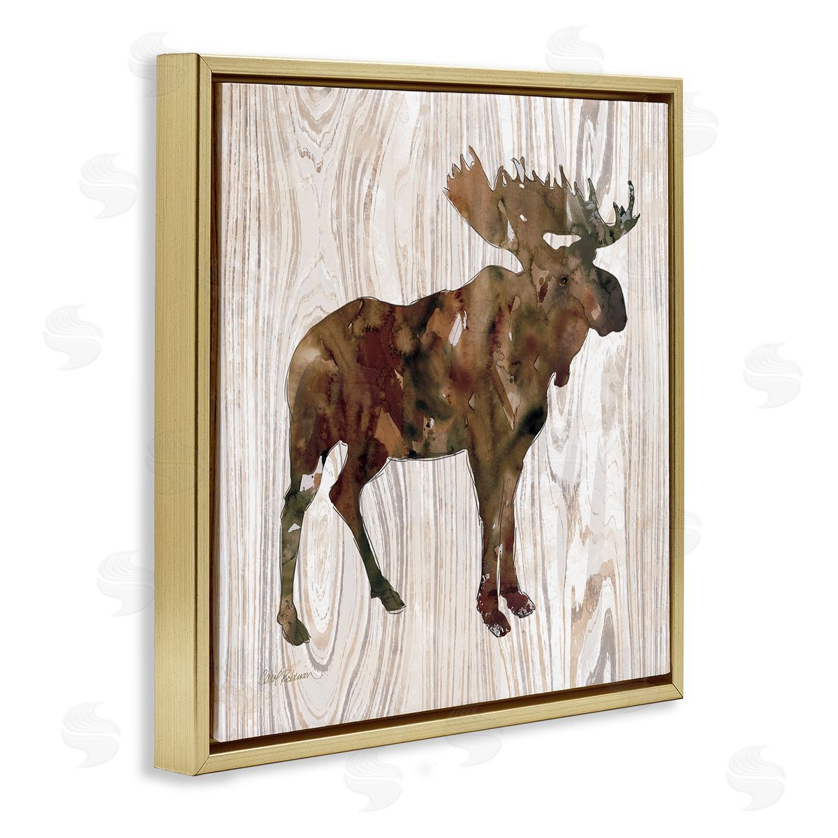 Carol Robinson Brown Watercolor Moose Silhouette Rustic Grain Pattern Gold Floating Frame Canvas Wall Art Print