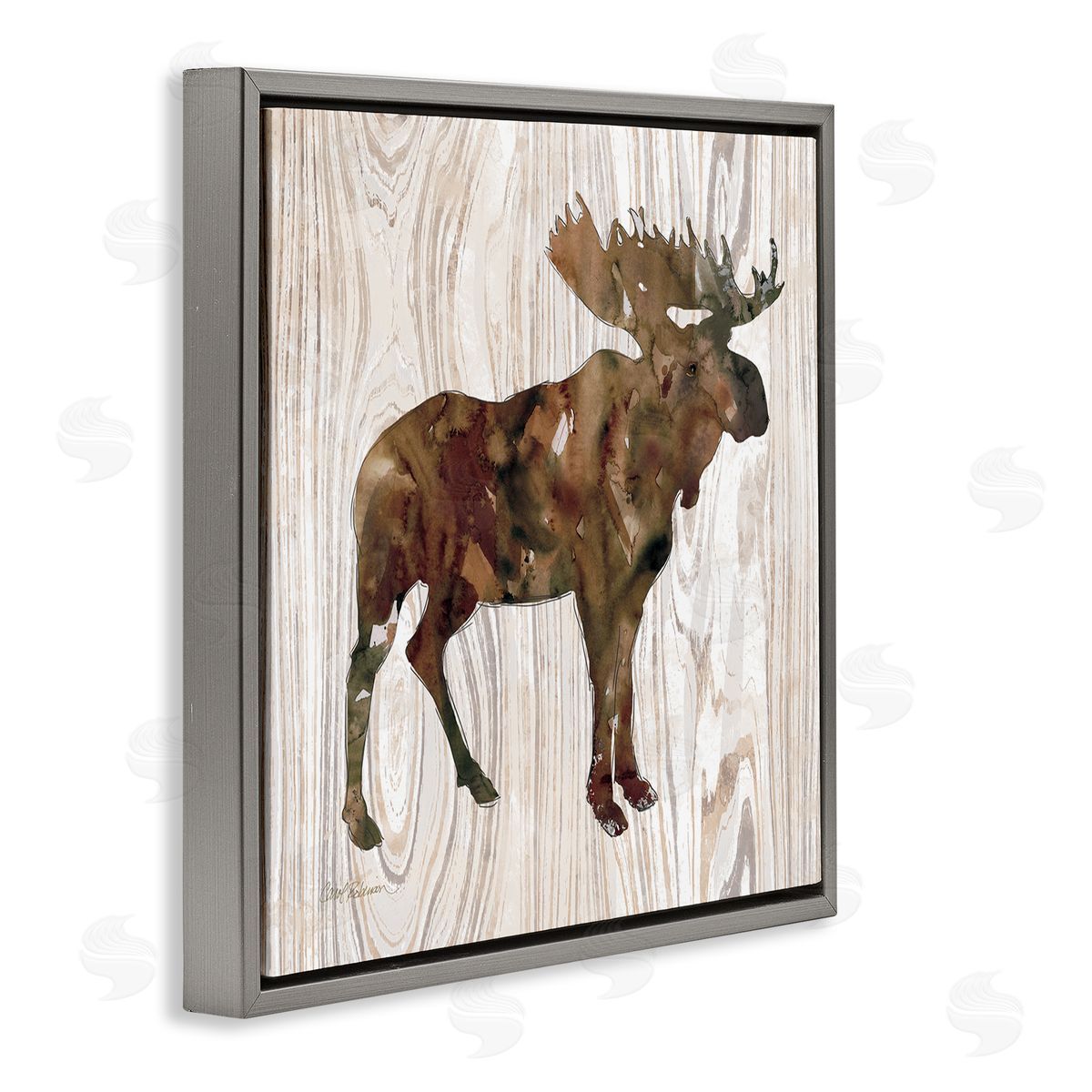 Carol Robinson Brown Watercolor Moose Silhouette Rustic Grain Pattern Gray Floating Frame Canvas Wall Art Print