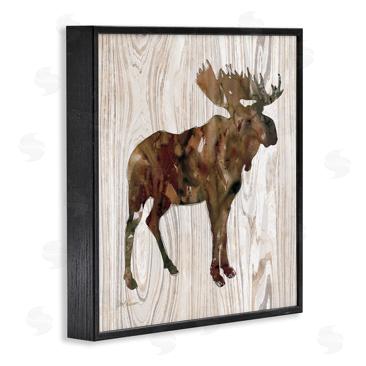 Carol Robinson Brown Watercolor Moose Silhouette Rustic Grain Pattern Black Framed Glicee Wall Art Print