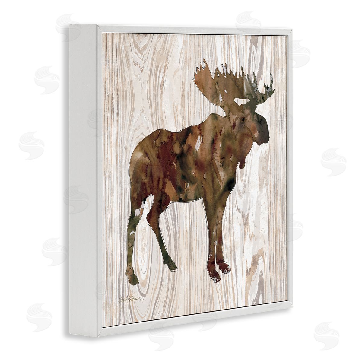 Carol Robinson Brown Watercolor Moose Silhouette Rustic Grain Pattern White Framed Glicee Wall Art Print