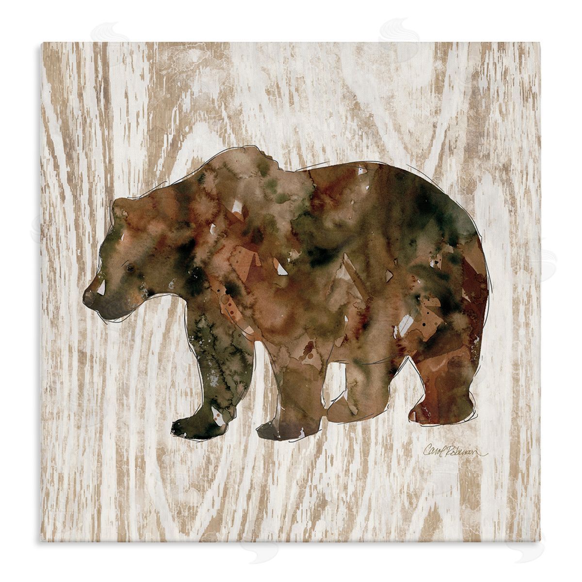Carol Robinson Forest Bear Watercolor Silhouette Rustic Grain Pattern Stretched Canvas Wall Art Print