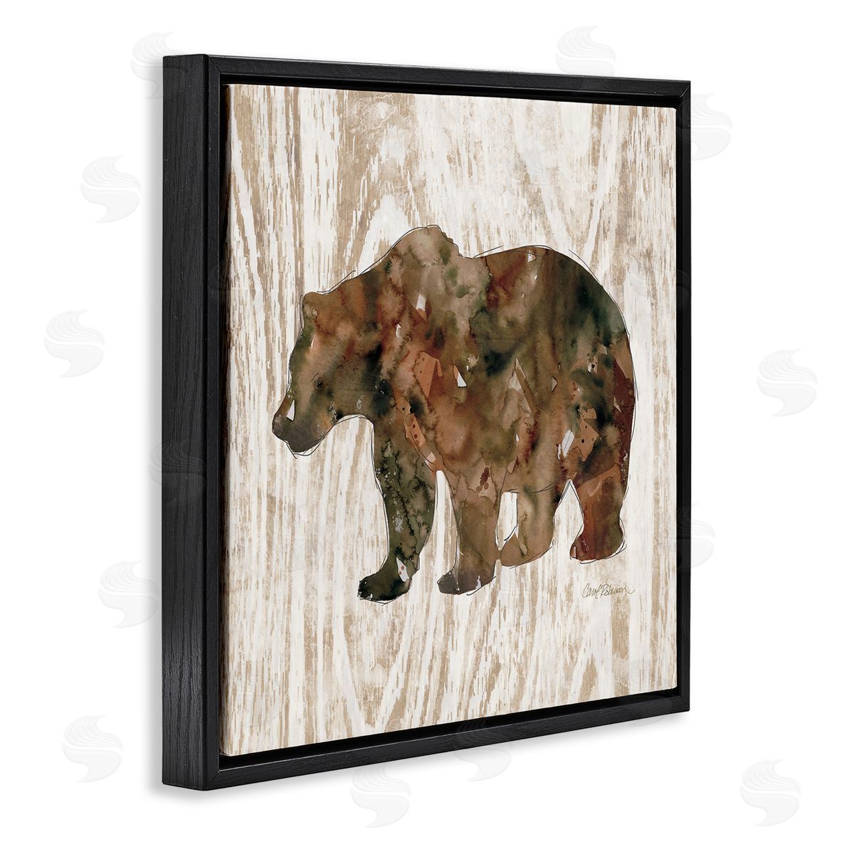 Carol Robinson Forest Bear Watercolor Silhouette Rustic Grain Pattern Black Floating Frame Canvas Wall Art Print