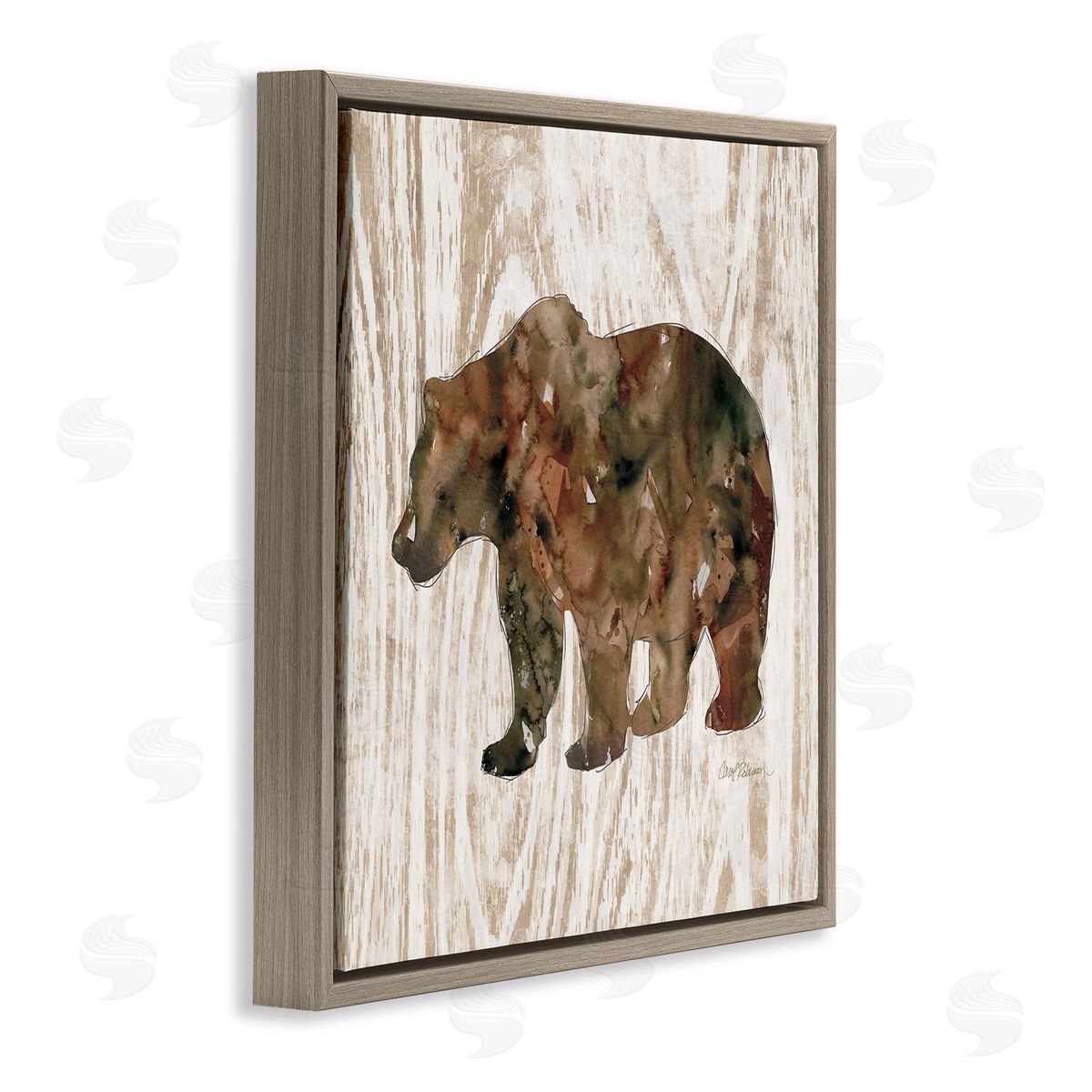 Carol Robinson Forest Bear Watercolor Silhouette Rustic Grain Pattern Brown Floating Frame Canvas Wall Art Print