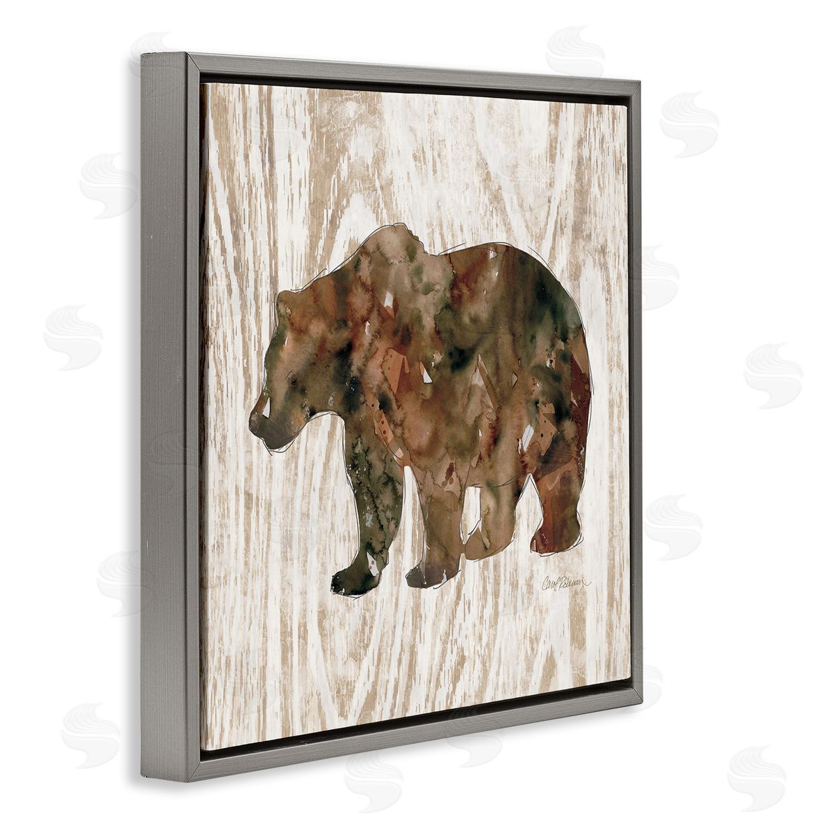 Carol Robinson Forest Bear Watercolor Silhouette Rustic Grain Pattern Gray Floating Frame Canvas Wall Art Print