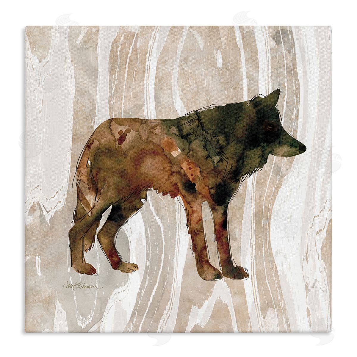 Carol Robinson Woodland Wolf Watercolor Silhouette Rustic Grain Pattern Stretched Canvas Wall Art Print