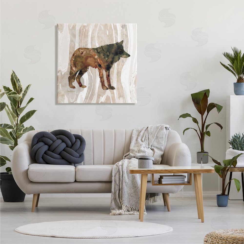 Carol Robinson Woodland Wolf Watercolor Silhouette Rustic Grain Pattern Canvas Wall Art in Room