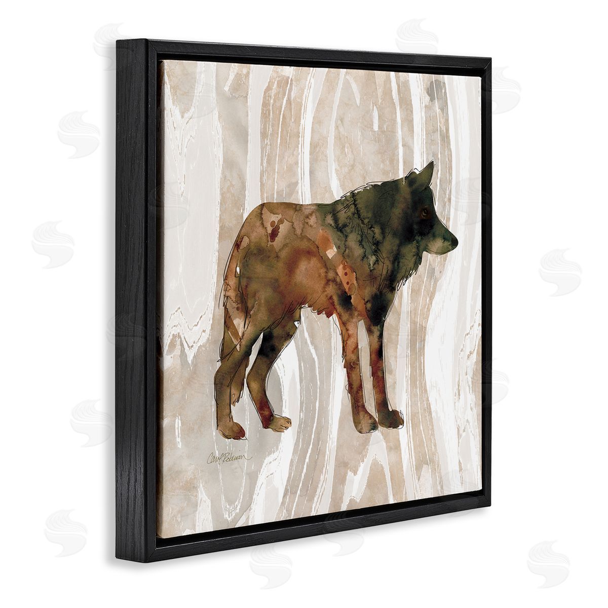 Carol Robinson Woodland Wolf Watercolor Silhouette Rustic Grain Pattern Black Floating Frame Canvas Wall Art Print
