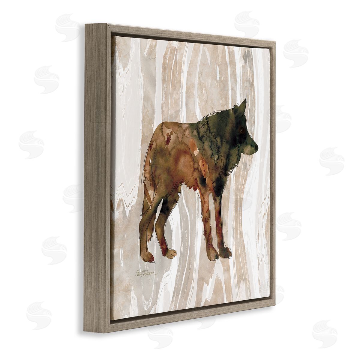 Carol Robinson Woodland Wolf Watercolor Silhouette Rustic Grain Pattern Brown Floating Frame Canvas Wall Art Print