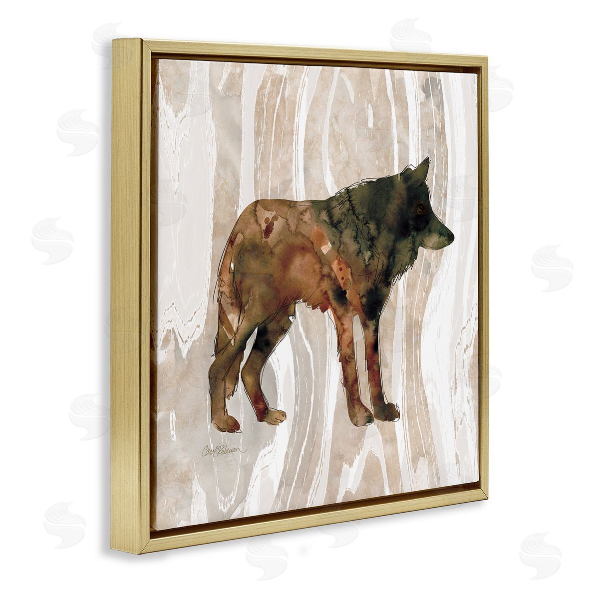 Carol Robinson Woodland Wolf Watercolor Silhouette Rustic Grain Pattern Gold Floating Frame Canvas Wall Art Print