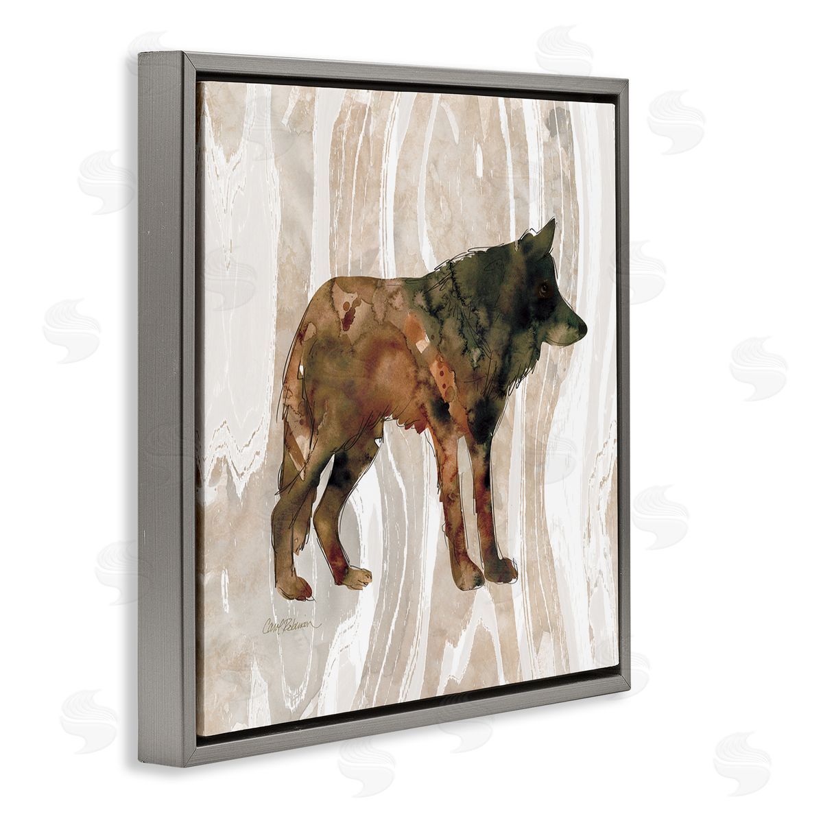 Carol Robinson Woodland Wolf Watercolor Silhouette Rustic Grain Pattern Gray Floating Frame Canvas Wall Art Print